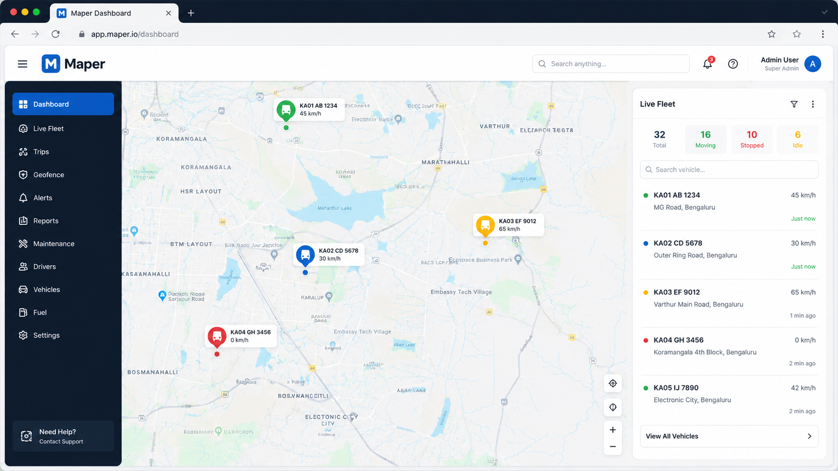 Maper Vehicle Tracking Dashboard